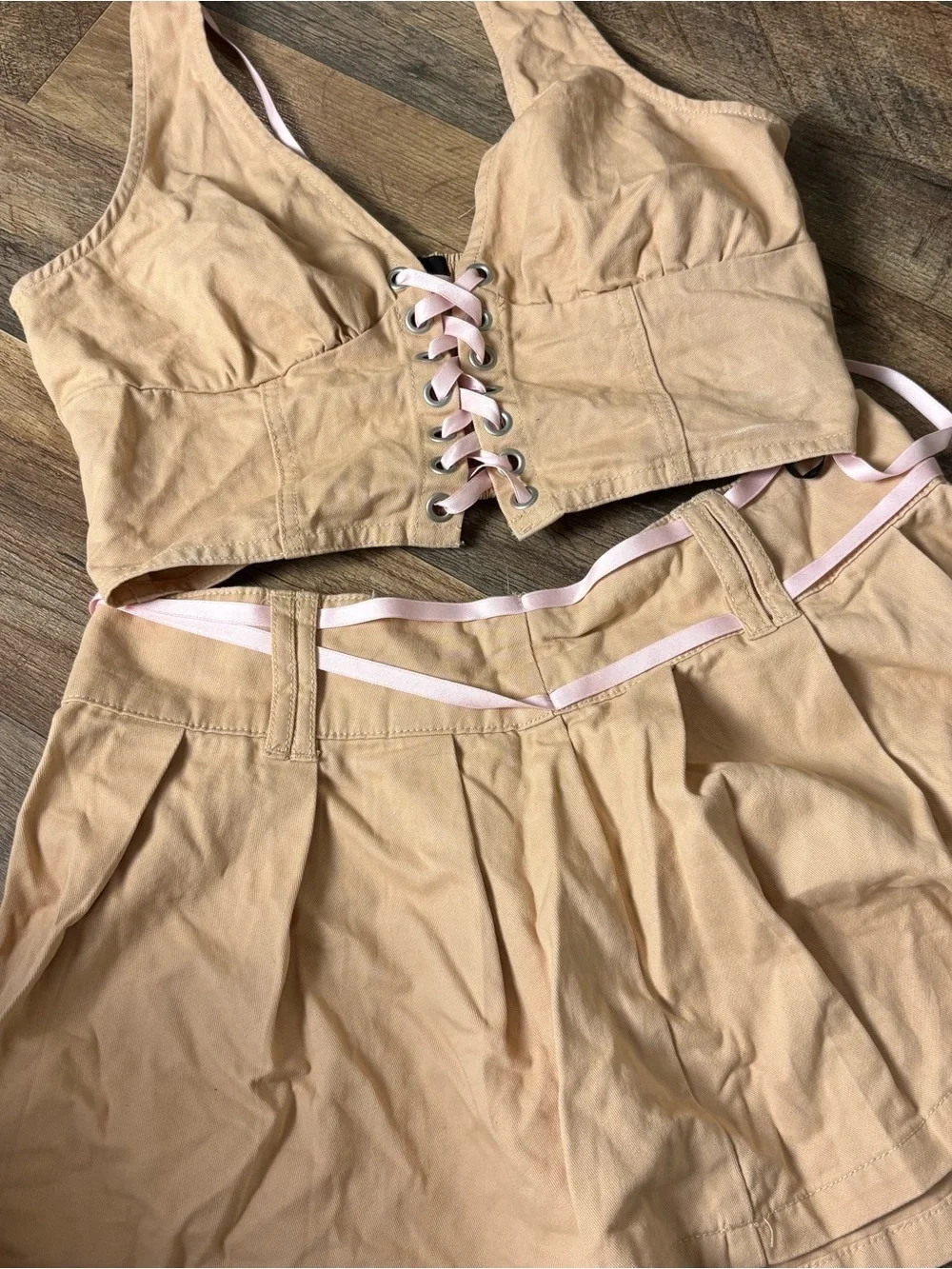 Top & Skirt Matching Set Pink-Tan Lace-Up